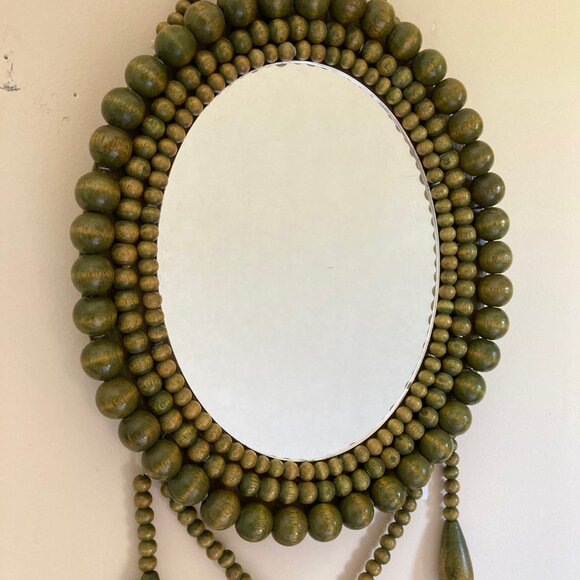 VTG Green Wooden Beads Tassels Frame Oval Mirror Boho Wall Hanging Cottagecore - Picture 4 of 17